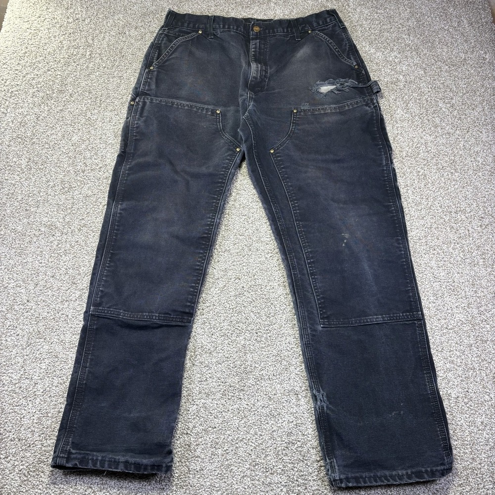 Carhartt Black Double Knee Pants 38x27 Distressed Faded 90s USA Made Work Jeans